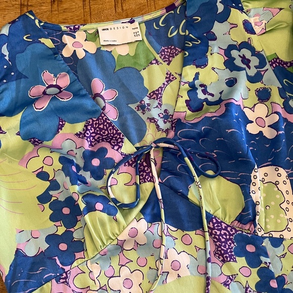 ASOS | Petite Satin Midi Tea Dress 8P Blue Green Abstract Floral Print - Picture 12 of 15